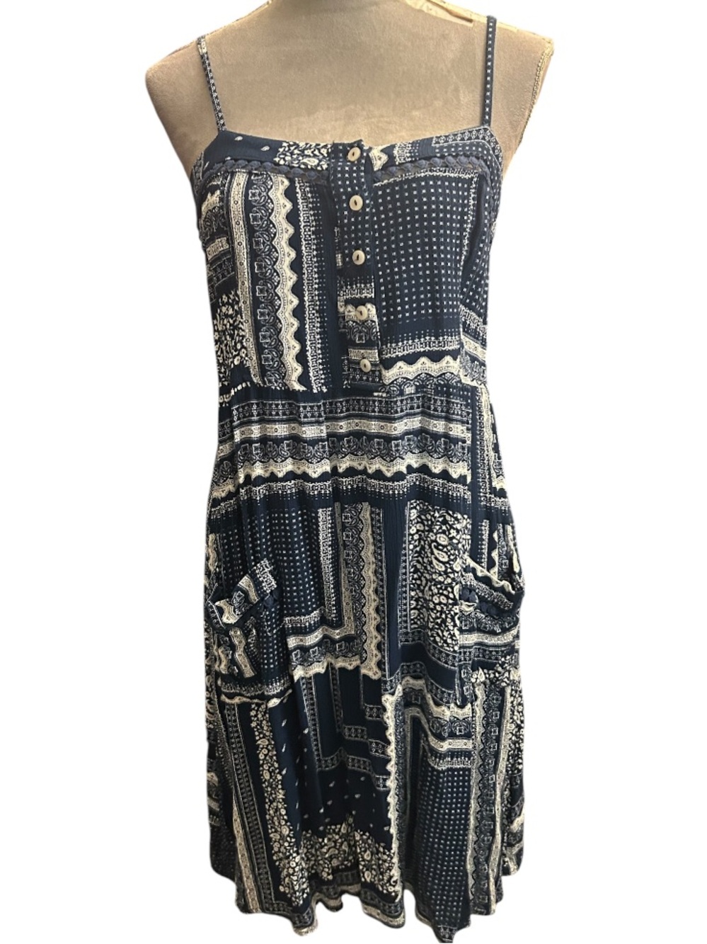 Knox Rose Navy & White Patchwork Print Spaghetti Strap Mini Dress